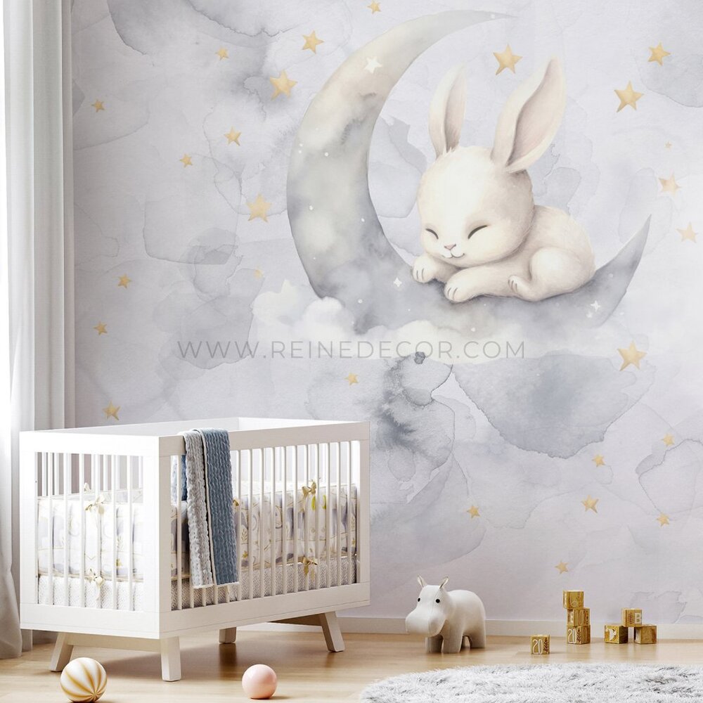 Sleeping Bunny Moon Kids Room Wallpaper | Adorable Nursery Decor